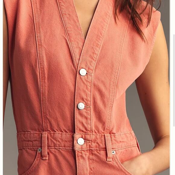 Etica Anthropologie Camden Denim Jumpsuit Coral Wide Leg Utility Small NWT - Picture 6 of 15